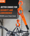 VEVOR manual lever chain hoist, orange, 1-1/2 ton capacity with galvanized chain lifting a motorcycle