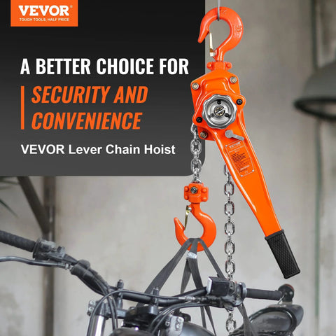 VEVOR manual lever chain hoist, orange, 1-1/2 ton capacity with galvanized chain lifting a motorcycle