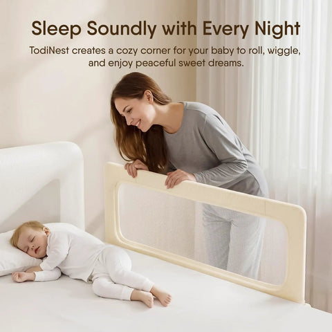 Foldable Toddler Bed Rail Guard With Reinforced Anchor Safety System For King Twin Full And Queen Beds Khaki 59 Inches Long By 21.6 Inches High With Kid Friendly Soft Peach Skin Fabric And Removable Washable Cover