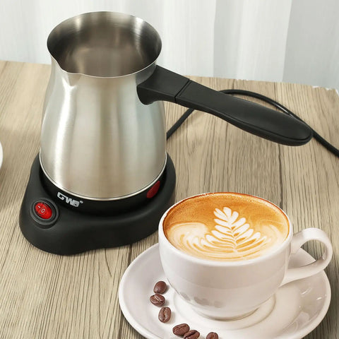 Turkish Coffee Maker 600ml Stainless Steel Electric Pot 110V with ergonomic handle and warmer base, shown on a wooden table.