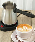 Stainless Steel Electric Turkish Coffee Maker 600ml 5 To 6 Cup Capacity With Ergonomic Handle For Home Or Travel 110V on table