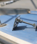 MIZUGIWA stainless steel large flush hatch latch with back plate and fasteners; close-up on boat deck