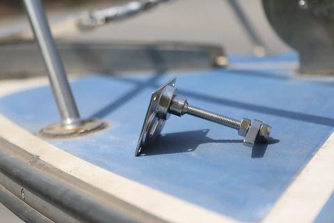 MIZUGIWA stainless steel large flush hatch latch with back plate and fasteners; close-up on boat deck