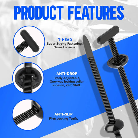Detailed view of black 200 Pcs Nylon Universal Cable Tie Buckles Zip Ties For Auto And Home Use with locking features highlighted.