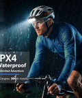 Cyclist wearing Rechargeable Dual Pack LED Headlamp With Motion Sensor Ultra Bright Waterproof Headlight in rain on bike