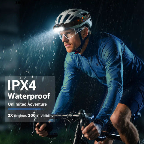 Cyclist wearing Rechargeable Waterproof LED Headlamp With Motion Sensor Ultra Bright White And Red Light 8 Lighting Modes