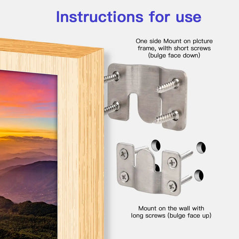 Instructions for use of Heavy Duty Stainless Steel Picture Hanging Brackets for smooth mounting on frames and walls.