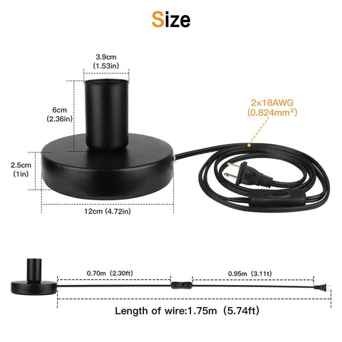 Industrial Table Lamp Base Only No Shade Included With E26 E27 Socket Metal Edison Style Stand 5.8Ft Cord With Switch Black Finish UL Listed Desk Lamp Base For DIY Lighting And Exposed Bulb Displays size diagram