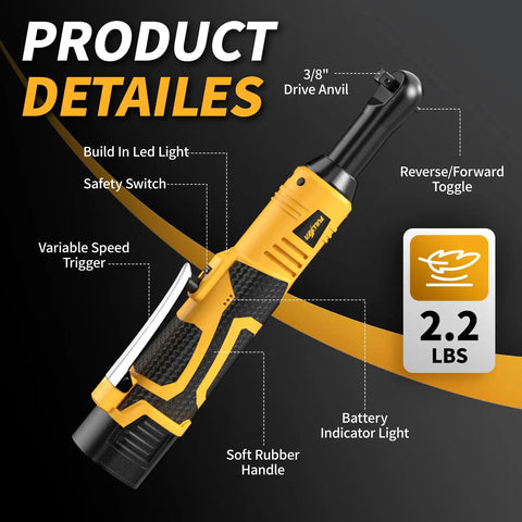Cordless Three-Eighths Inch Ratchet Wrench Set With 45 Ft Lbs Torque And Variable Speed Up To 550 RPM, 16.8 Volt Power Tool For Auto Maintenance, Easy Nuts And Bolts Tightening And Removal. 3/8" drive anvil, LED light, soft rubber handle