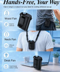 Ultra Lightweight Clip On Waist Fan For Outdoor Adventures shown worn on waist and neck, placed on desk.