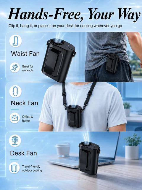 Ultra Lightweight Clip On Waist Fan For Outdoor Adventures shown worn on waist and neck, placed on desk.