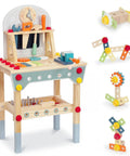 Wooden Kids Tool Bench Set With 86 Accessories Little Builder Workbench for Boys and Girls aged 3 to 5, includes tools and storage.