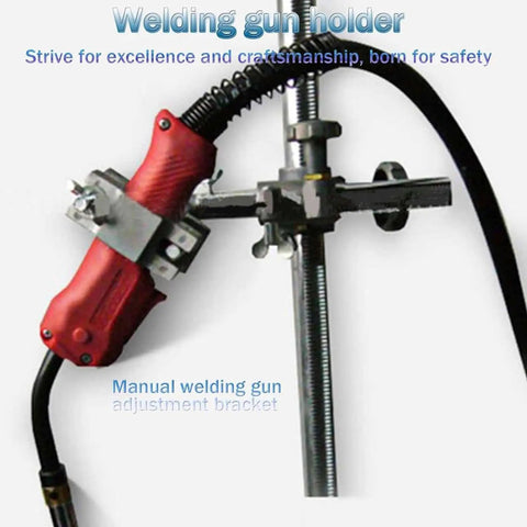 Welding gun holder with red grip attached to manual adjustment bracket for precision welding tasks.