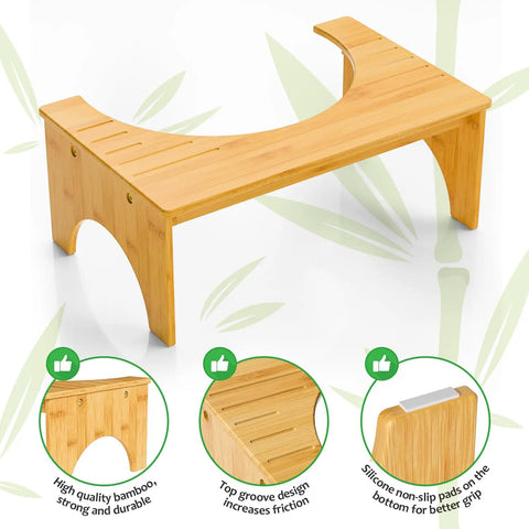 7 Inch Bamboo Poop Stool For Bathroom For Adults And Kids Relieves Bloating Constipation Eases Defecation Improves Bowel Movements With Anti Slip Grooved Surface Ergonomic Step Stool For Safer Easier Toileting, bamboo material with grooved top and silicone pads for stability.