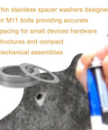 Heavy Duty 304 Stainless Steel Shim Washer Set 48 Pcs thin spacers stacked for precise M11 bolt alignment and small device assembly.