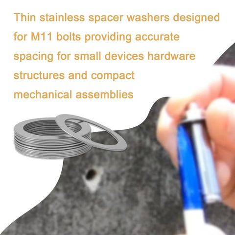 Heavy Duty 304 Stainless Steel Shim Washer Set 48 Pcs thin spacers stacked for precise M11 bolt alignment and small device assembly.