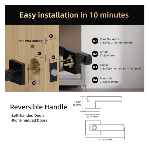 Installation guide for Breezy Setup Smart Keyless Entry Door Lock showing measurements and reversible handle features.