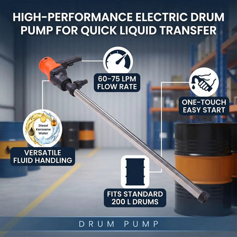 Garosa Handheld Electric Drum Pump With 35 Inch Stainless Steel Tube For Quick Fuel Transfer. Perfect For Moving Kerosene, Water, Or Diesel From Standard Fifty Five Gallon Barrels. Compact, Portable Gear Pump Design That Works Great In Your Garage Or