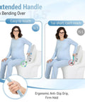 Newly Upgraded Silicone Top Toilet Paper Clamp With Wipes Holder And No Slip Grip, showing length comparison with a pregnant woman
