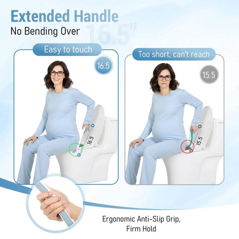 Newly Upgraded Silicone Top Toilet Paper Clamp With Wipes Holder And No Slip Grip, showing length comparison with a pregnant woman