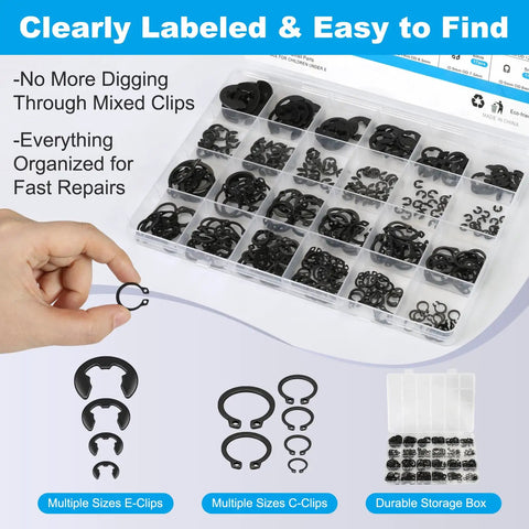 All-In-One Pro-Grade 324Pcs C Clips And E Clips Kit With 24 Sizes From 2Mm To 16Mm Black Carbon Steel External Snap Rings for repair