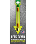 Leak Saver Direct Inject AC Leak Sealer packaging front view with yellow injection tube, orange clamps, and brass fittings.