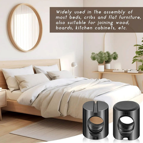 50 Pack M6 Barrel Nuts Cross Dowels Slotted Nuts Replacement Hardware Kit For Bunk Beds Cribs Baby Furniture Chairs And Headboards Black Perfect For Diy Repairs And Construction Projects shown with cozy bedroom in background