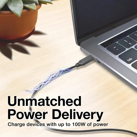 DirectSync 100W PD USB-C To USB-C Cable 3Ft Braided powering laptop with 100W, showcasing fast charging capability, jet black