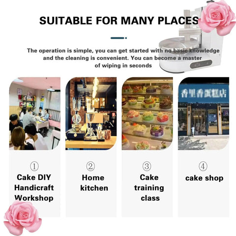 Automatic Cake Decorating Machine Buttercream Spreader Birthday Cake Smoother Commercial Bakery Tool in various settings like workshops and shops.