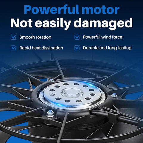 Powerful motor close-up of dual electric radiator and condenser fan assembly for Chevy Cruze and Buick Verano 2012 to 2017.