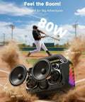 80W Portable Bluetooth Speaker With Big Bass And Rugged Outdoor Vibe, IPX6 Waterproof, dual woofers, baseball action