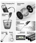 LunaFro Art Rechargeable Handheld Milk Frother With No Steam Wand Stepless Speed Control Silicone Dot Pad IPX6 Waterproof Barista Grade Microfoam shown with accessories and features.