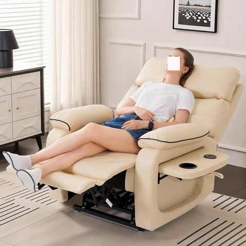 This Dual Motor Electric Lift Chair For Seniors Boasts Infinite Position Reclining With A Lay Flat Design, Premium Leather Upholstery, Lumbar Heating, Full Body Massage, USB C Ports, And A Foldable Tray Table For Maximum Chill Vibes, featuring a person resting in a reclined position.