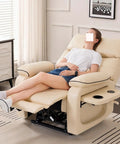 Luxurious Dual Motor Power Lift Recliner Chair For Seniors With Lumbar Heating And Massage Infinite Lay Flat Electric Lift Seat Plus USB C Ports And Foldable Tray Table Leather Reclining Furniture in beige with user lounging.