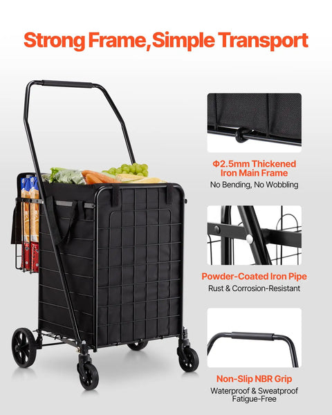 Folding Shopping Cart With Dual Baskets And Waterproof Liner Workhorse Cart shown with groceries, highlighting sturdy frame and wheels.