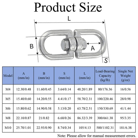 Product size chart for 2 Pcs M4 Bearing Swing Swivel 360 Degree Rotation Stainless Steel Hanging Accessory