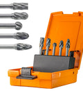 Five Piece Heavy Duty Carbide Rotary Burr File Set With One Quarter Inch Shank For Die Grinder Drill in orange case, tools visible.