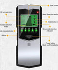 5 in 1 Wall Scanner Detector interface showing detection modes and indicators for wood, metal, AC wires, and battery status.