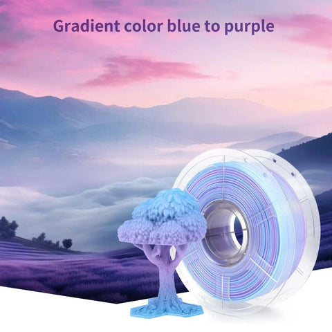 PetG Filament 1.75mm Gradient Translucent Blue to Purple spool and 3D printed tree art piece.