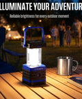 Go-To Solar Rechargeable Lantern for camping and hiking, 1000 lumen LED light on a campsite table at night.