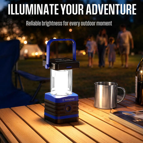 Go-To Solar Rechargeable Lantern for camping and hiking, 1000 lumen LED light on a campsite table at night.