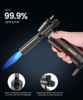 Hand holding Butane Torch Lighter With 25g Gas Capacity Refillable Blow Torch for Soldering Cooking and DIY Projects