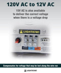 Outdoor Low Voltage Landscape Lighting Transformer 120V AC To 12 13 14 15 Volt AC Multi Tap Weatherproof For Pathway Lights Spotlight And Pool Spa Lighting ETL Listed front view with voltage options display
