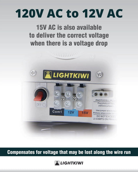 Outdoor Low Voltage Landscape Lighting Transformer 120V AC To 12 13 14 15 Volt AC Multi Tap Weatherproof For Pathway Lights Spotlight And Pool Spa Lighting ETL Listed front view with voltage options display