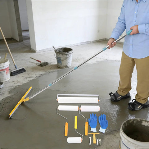 Self Leveling Epoxy Floor Kit with tools, notched squeegee, defoaming rollers, and spiked shoes for DIY concrete refinishing