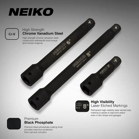 Half Inch Drive Impact Extension Bar Set Tough CrV Steel Three Piece Kit With 3 Inch 6 Inch And 8 Inch Extensions for cars and bikes
