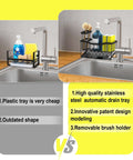 Comparison of plastic vs stainless steel sink caddy with brush holder and self drain tray, showing rustproof kitchen organizer benefits.