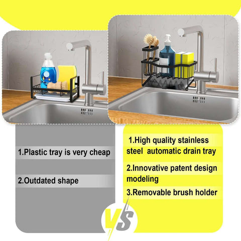 Comparison of plastic vs stainless steel sink caddy with brush holder and self drain tray, showing rustproof kitchen organizer benefits.