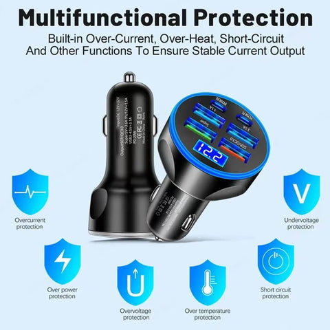 High Power USB C Car Charger 6 In 1 With Voltage Display 250W Multi Port Cigarette Lighter Adapter shown with protection features
