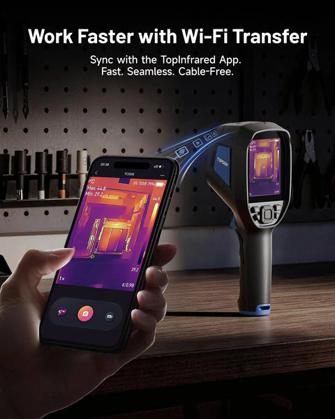 3.5 Inch Dual Lens Thermal Imaging Camera With 512 X 384 TISR Resolution, 2MP Visual Light Camera, handheld in workshop with phone app